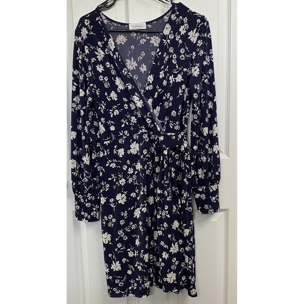Kaileigh Faux Wrap Long Sleeve Dress Navy Sz.L Stretch Banded Sleeves Floral